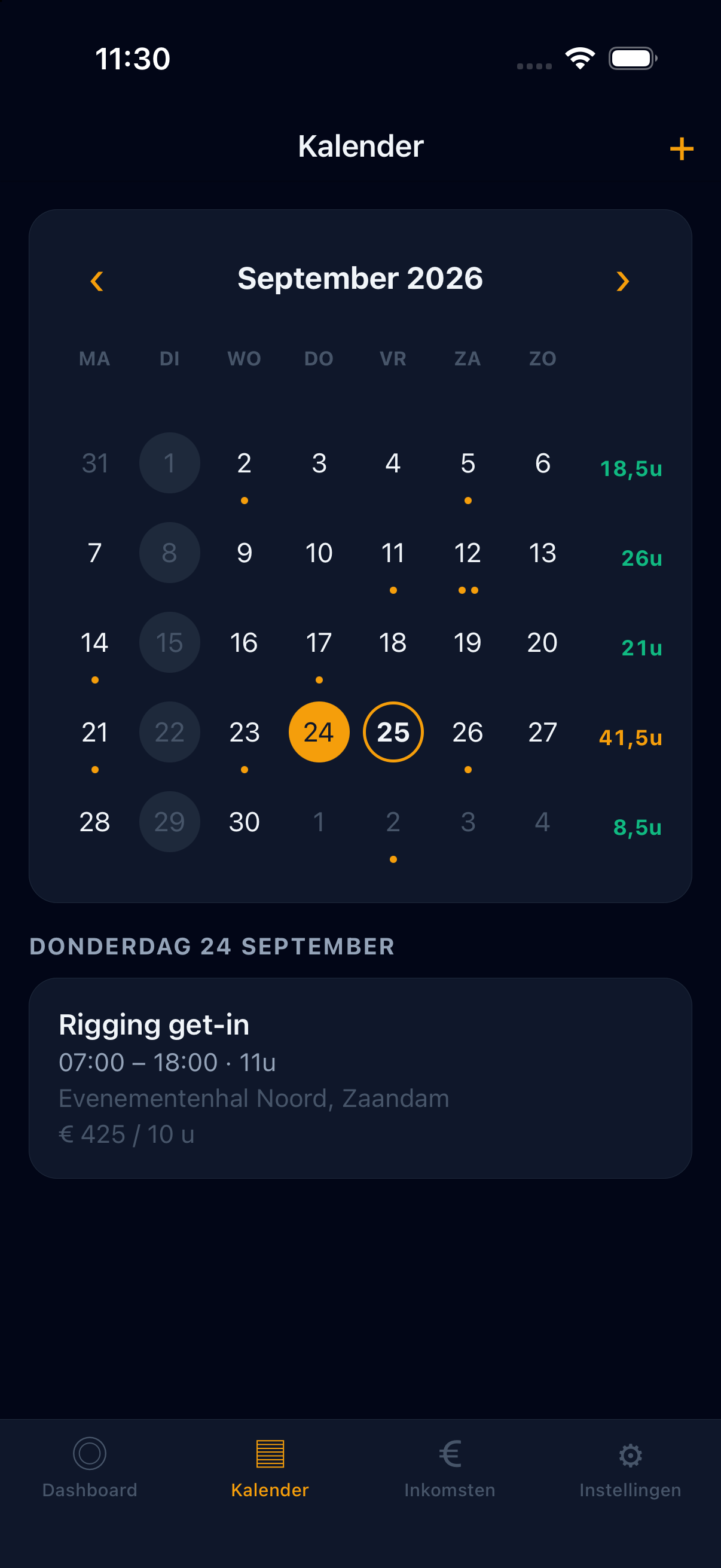 De GigGuru-app op een iPhone met de maandkalender en de gigs van die dag.