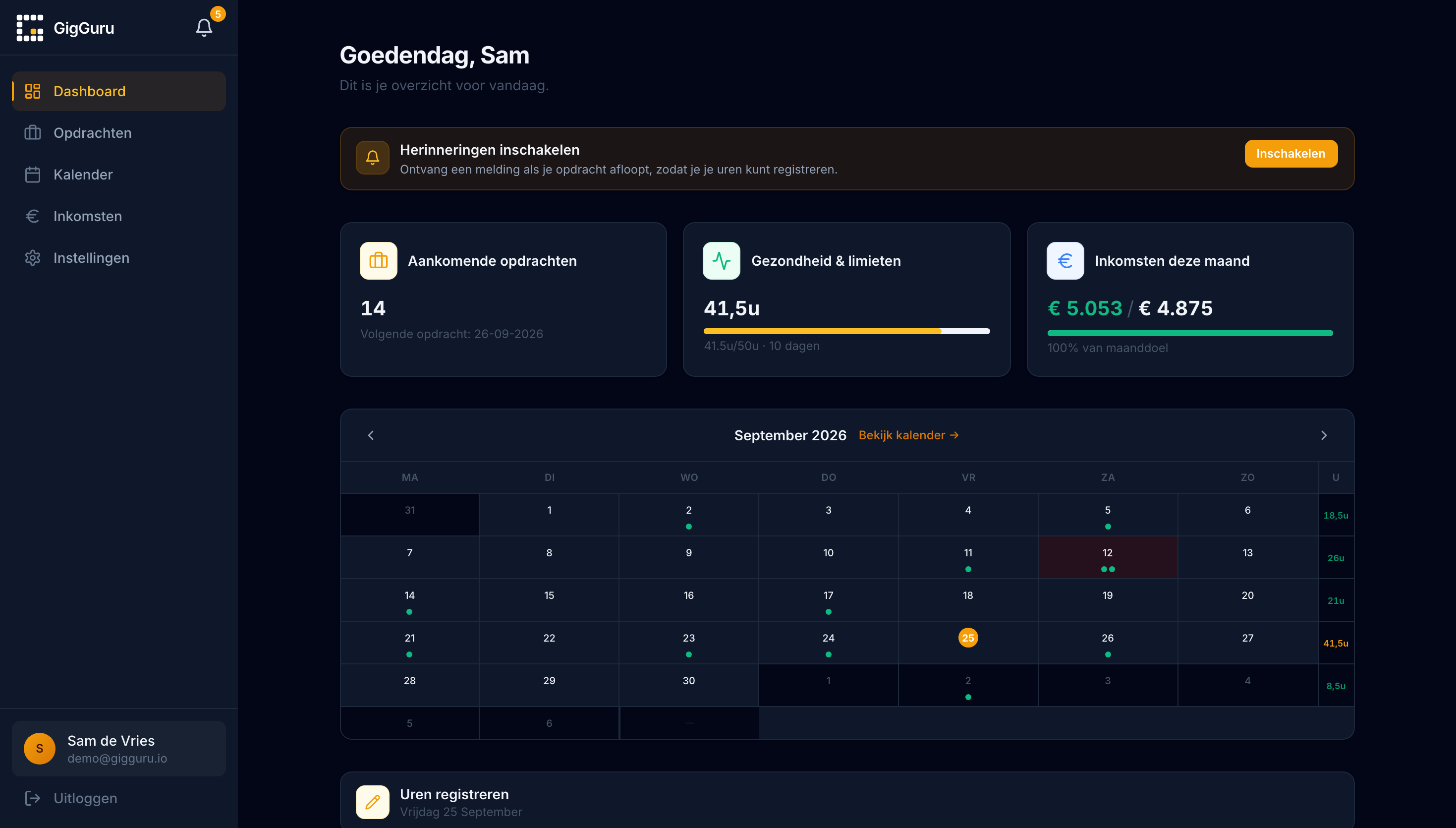 Het GigGuru-dashboard in de browser: opdrachten van deze week, de urenbalk en de verdiensten van deze maand.
